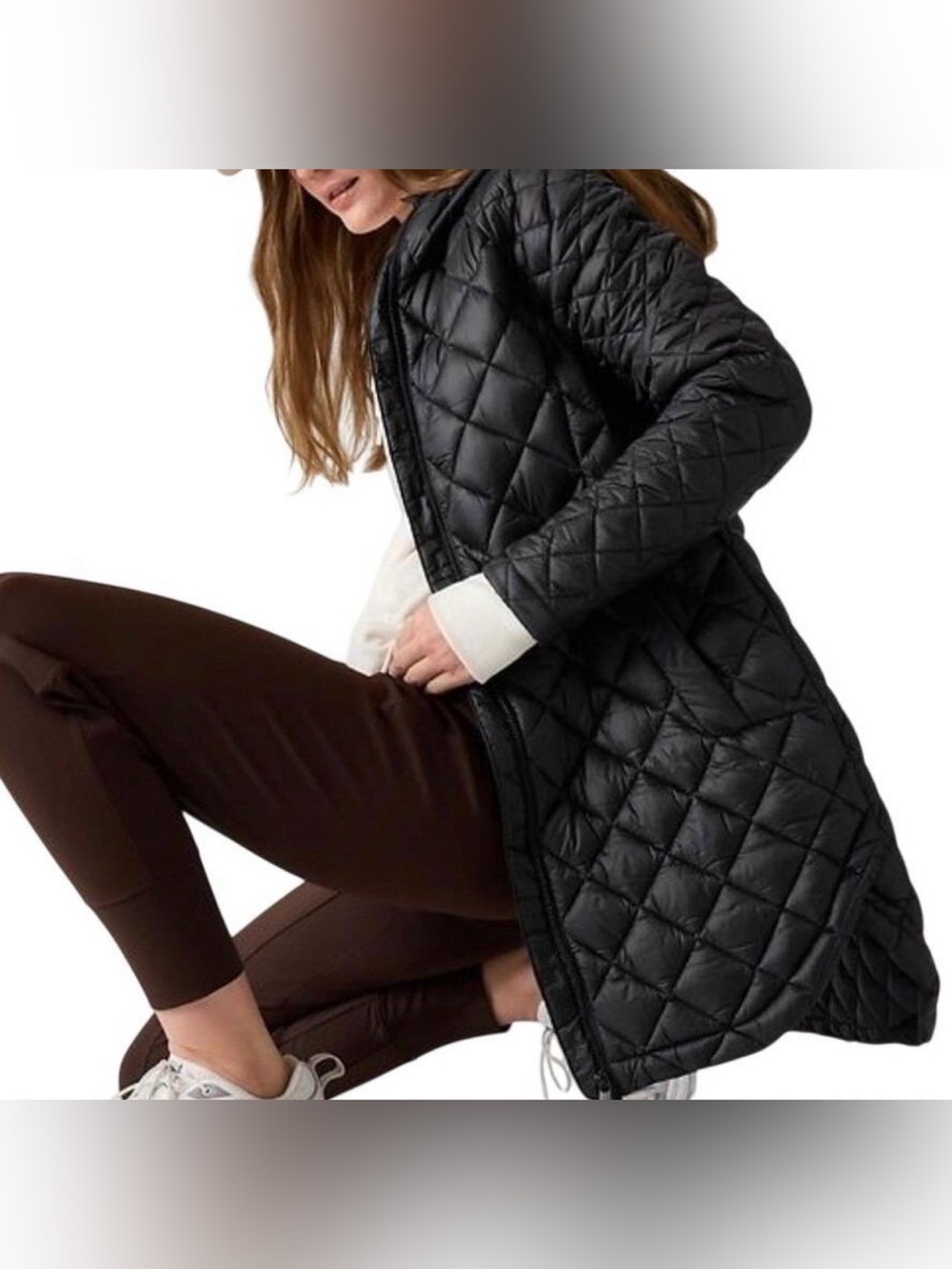Athleta Whisper Featherless Black Quilted Long Puffer Coat Sz XXL Tall